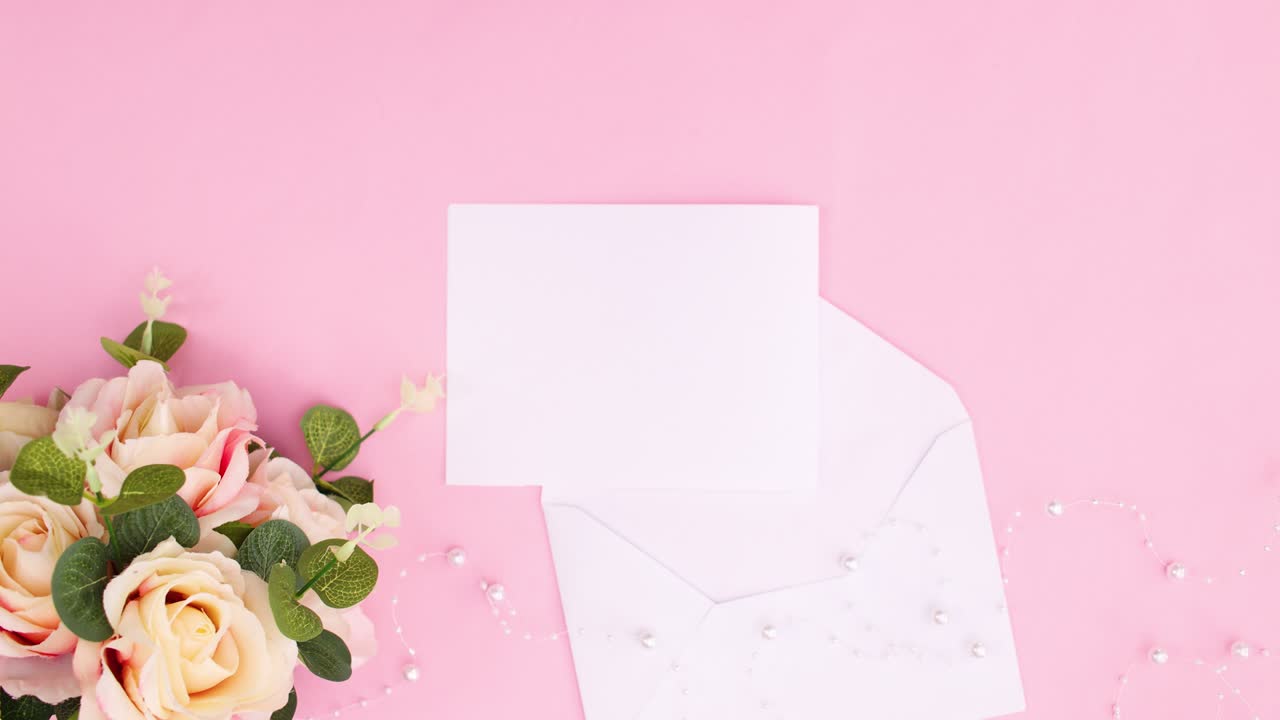 Envelope with paper and flowers appear for wishes on pink theme. Stop motion