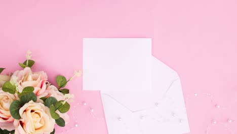 sobre con papel y flores aparecen para los deseos en tema rosa. detener el movimiento