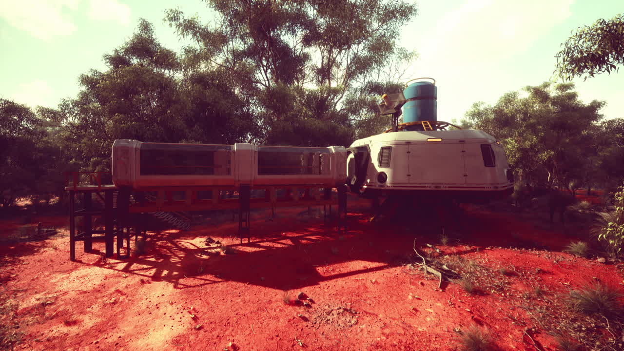 사막 풍경에 있는 미래의 우주선