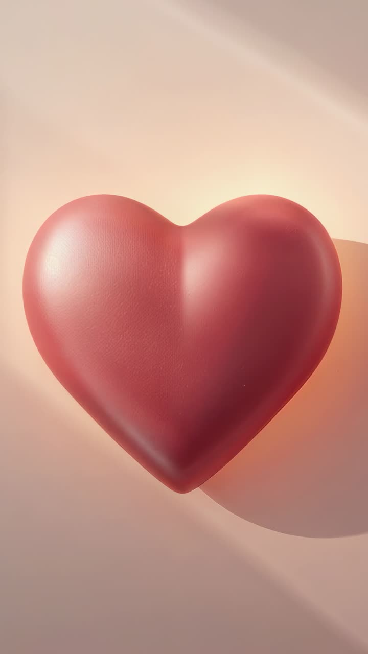 Vídeo vertical: Corazón rojo palpitante que reacciona a la luz solar cambiante sobre una mesa cálida con vetas verticales