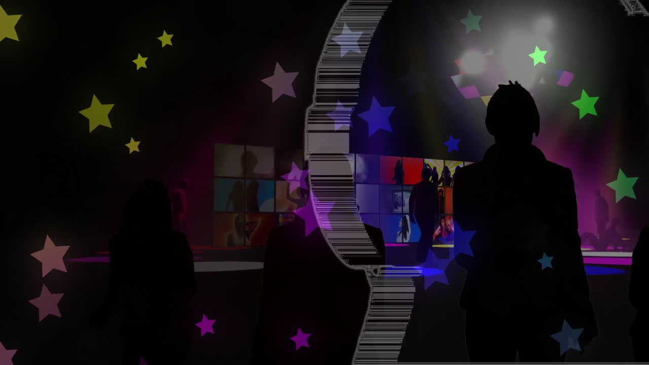 Dancing with colorful stars and lights, people creating animation in vibrant club