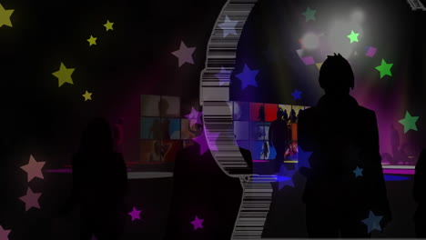 dancing with colorful stars and lights, people creating animation in vibrant club