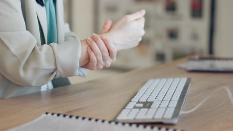 closeup, business and woman with wrist pain