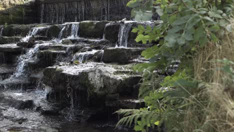 Wasser-Fließt-über-Kaskadierenden-Wasserfall,-Mittlere-Schwenkaufnahme