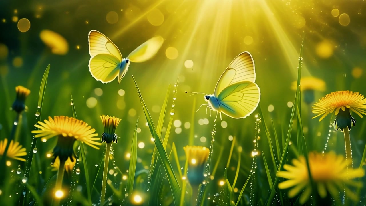 Yellow Butterflies Flying Over Dandelions in a Sunny Meadow