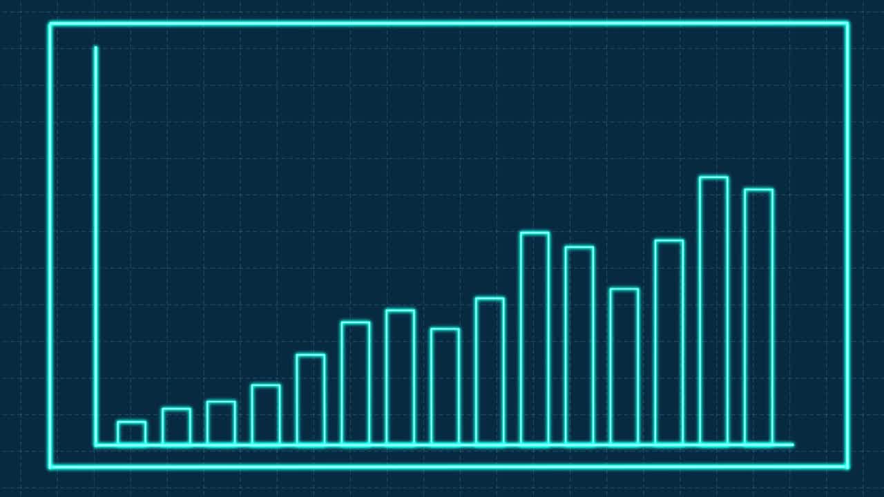 Neon blue bar graph animates upward on dark grid background, smooth linear growth, digital style