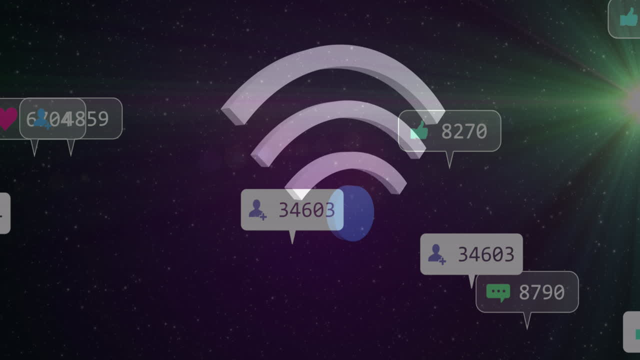animación de iconos de redes sociales y números sobre el icono wifi en segundo plano