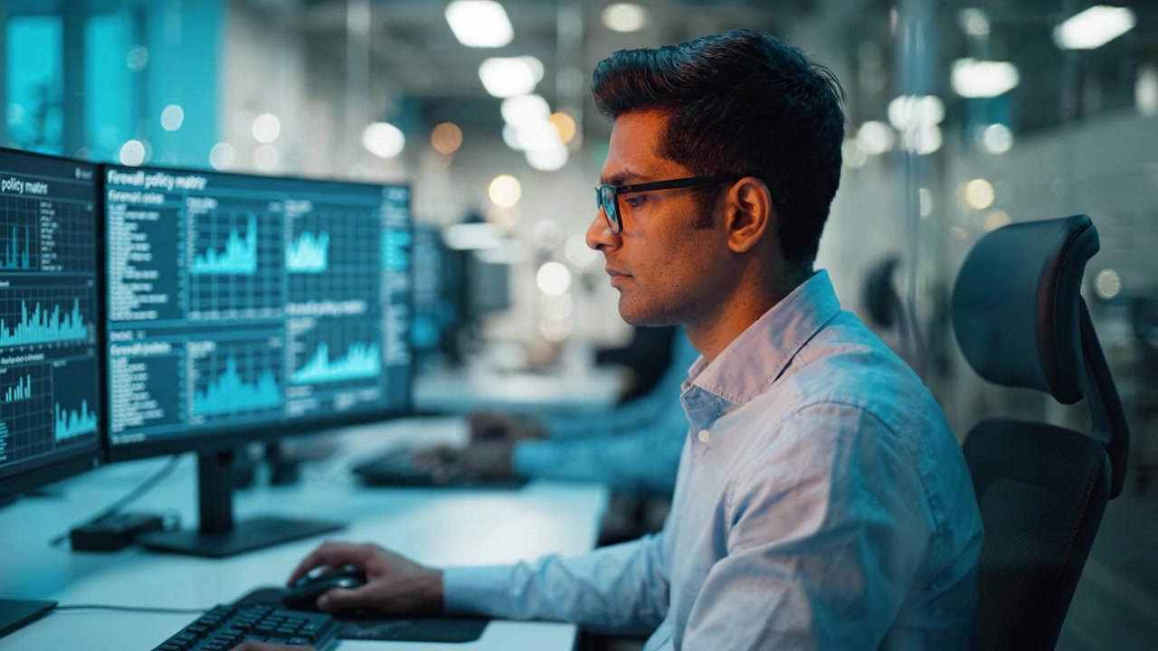 Fokuseret professionel analyserer data på flere skærme i et moderne kontormiljø midt i datavisualisering og cybersikkerhedsanalyseaktiviteter.