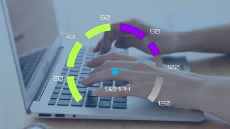 speedometer data processing over mid section of a woman using laptop