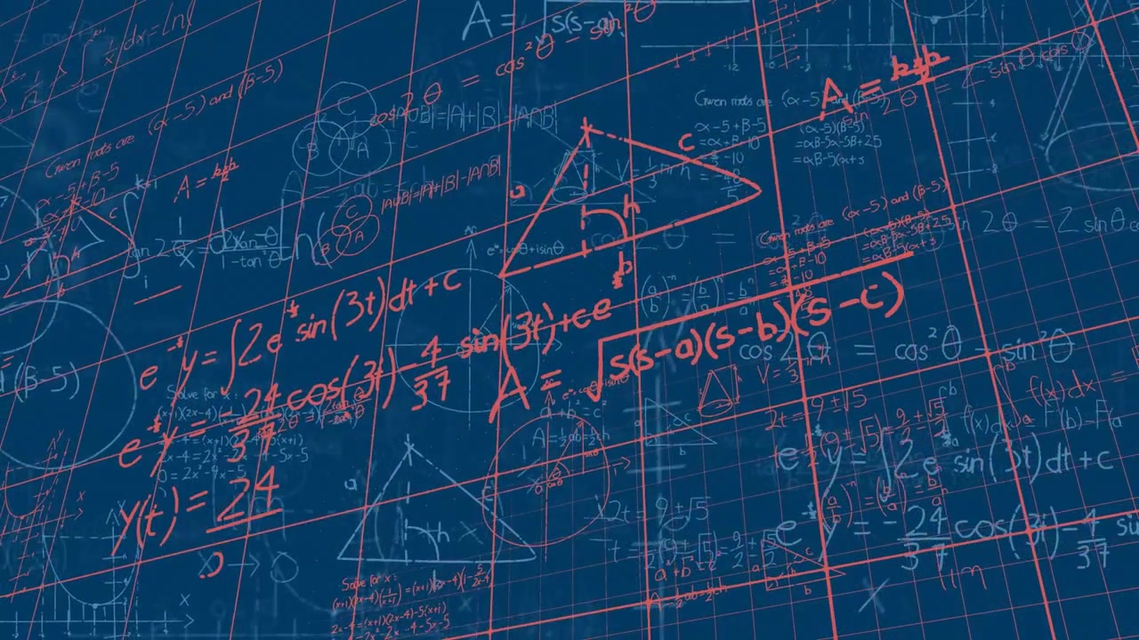 Animation of mathematical equations and diagrams floating over grid network against blue background