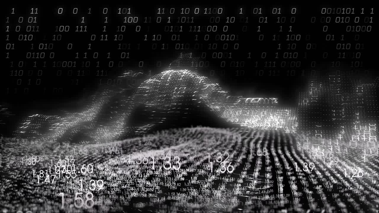 Animation of financial data processing and binary coding over black background