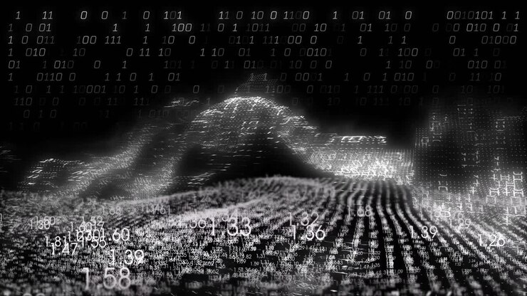 Animation of financial data processing and binary coding over black background
