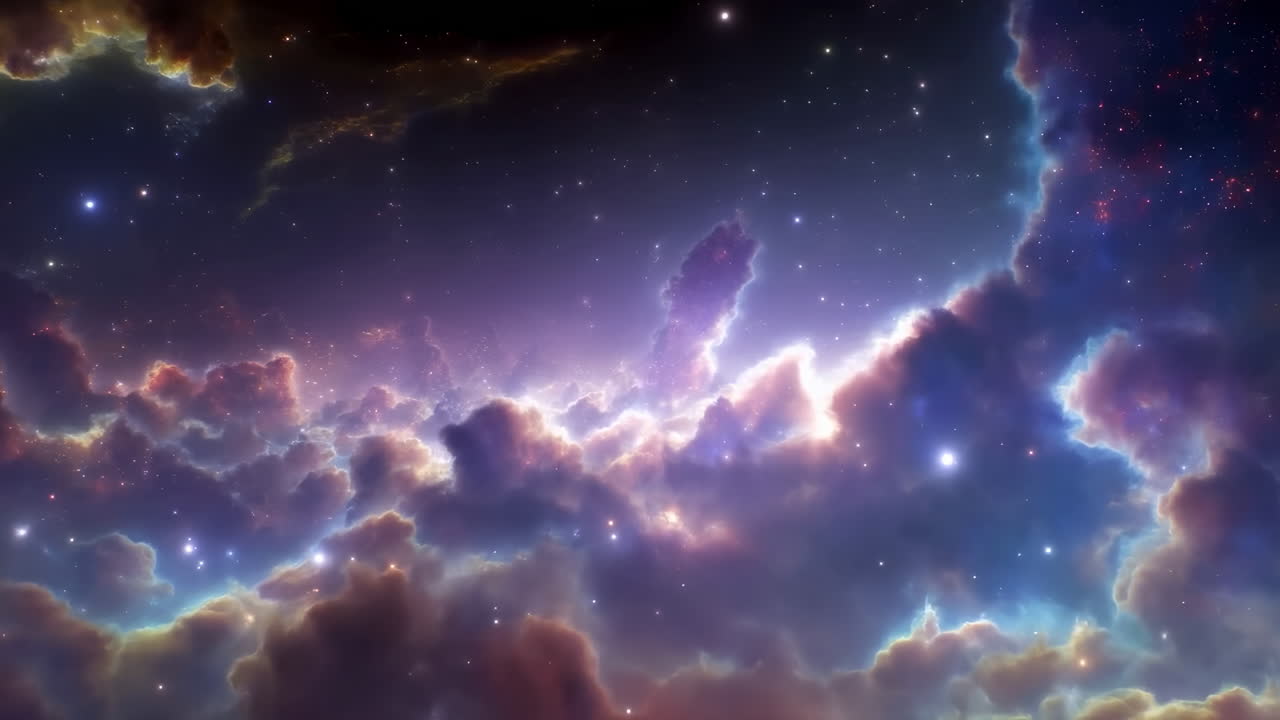 Vibrant Cosmic Nebula Clouds Glowing Violet And Gold, Electric Filaments And Drifting Gas Pillars, Sparkling