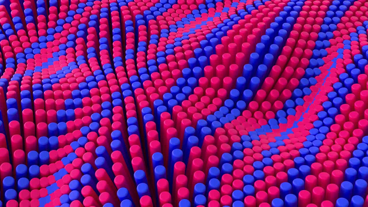 Abstract red blue lines background with cylinders. Ceramic round tiles. Geometry pattern. Random cells. Polygonal glossy surface. Futuristic abstraction. Seamless loop 3d animation of 4K