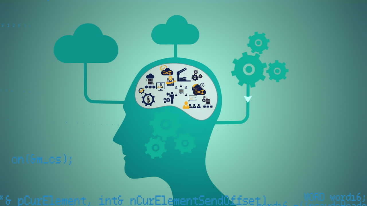 animación de la cabeza humana con iconos digitales, nubes y procesamiento de datos