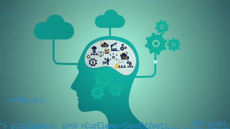 Animation of human head with digital icons, clouds and data processing