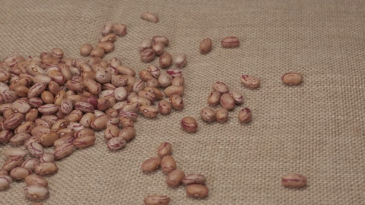 Dry red beans Borlotti rotating on jute background, typical Mediterranean vegan vegetarian diet food, protein healthy source