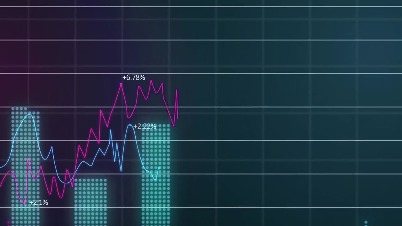Animation of graphs with increasing numbers over grid pattern against blue background