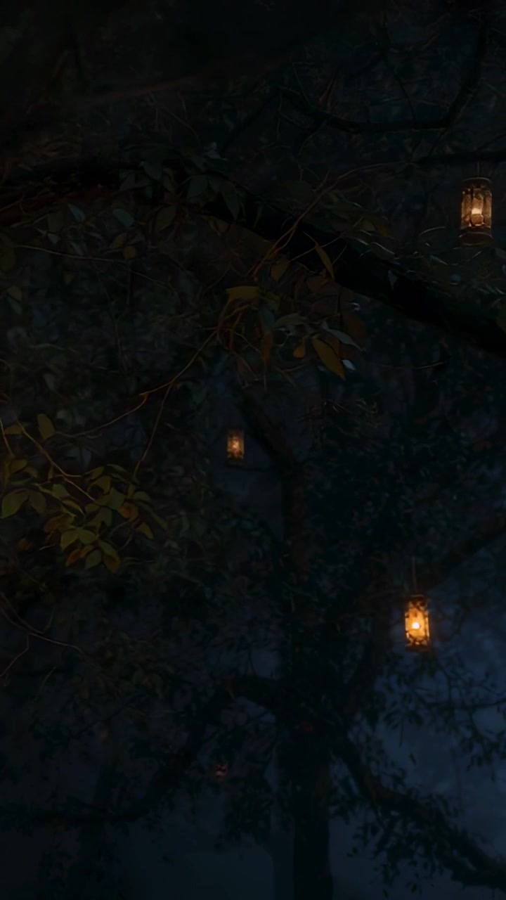 Video verticale: lanterne oscillanti appese al tronco di un albero sotto un grande albero di notte a causa della brezza