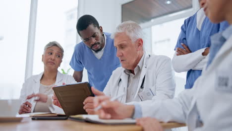 people, doctor and meeting on tablet in team