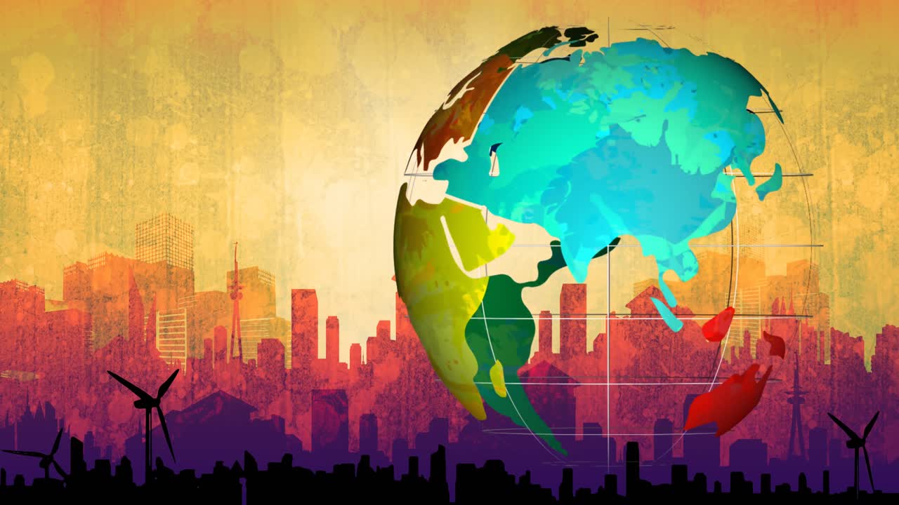 animación del globo girando sobre la turbina eólica y el paisaje urbano