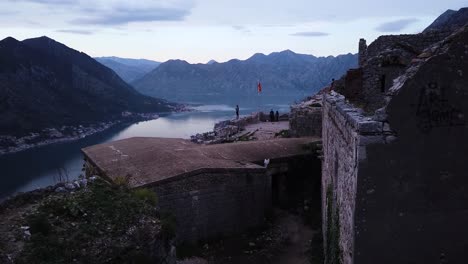 motion shot of kotor bay and port from rooftops of kotor fortress. ancient buildings. fortress.