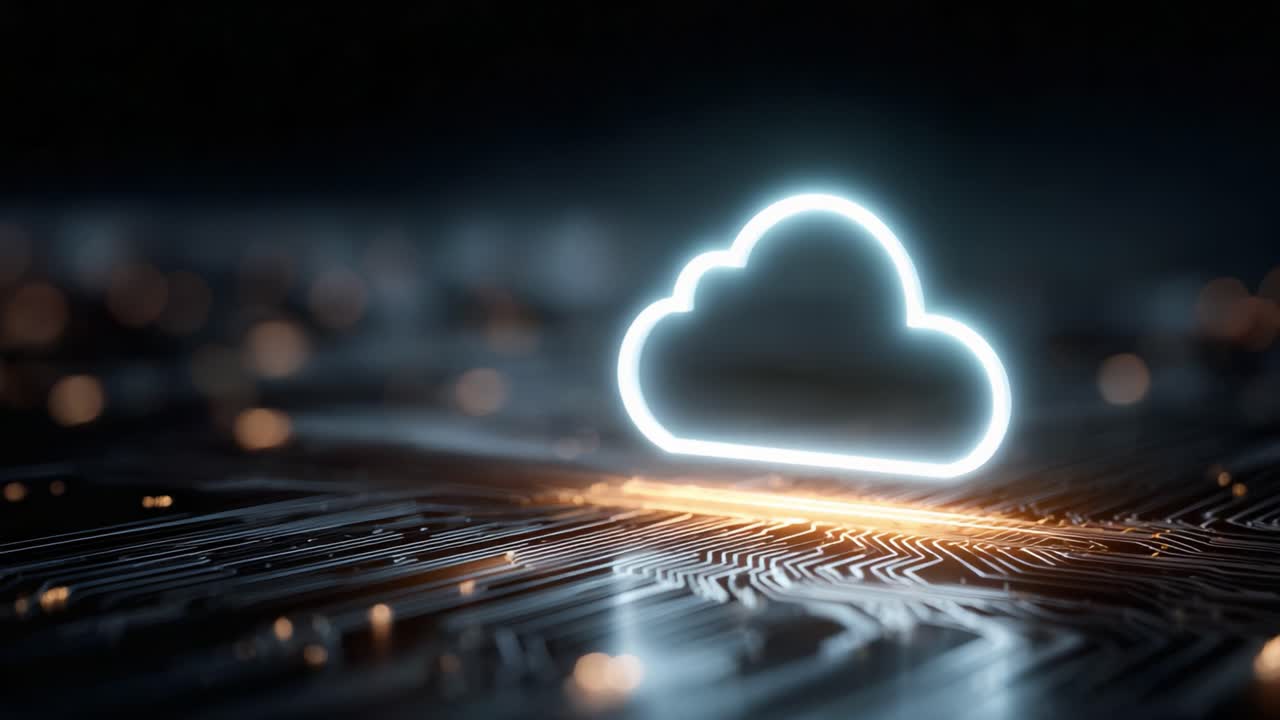 A Futuristic Perspective on Cloud Computing: Illuminated Cloud Symbolizing Digital Transformation and Connectivity on a Circuit Board Background