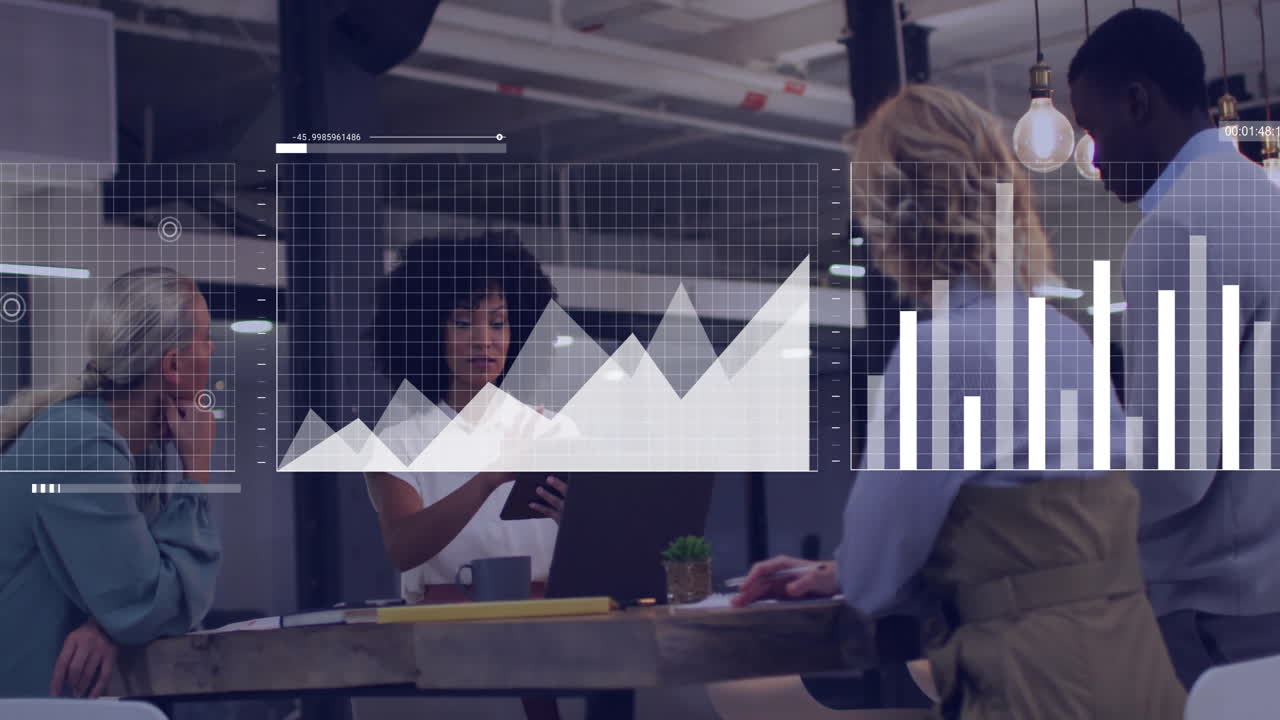 Animation of data processing and diagrams over diverse colleagues ...