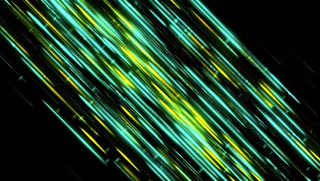 hermoso flujo de brillantes líneas diagonales cortas en fondo negro, bucle sin costuras. animación. corriente cósmica con segmentos rectos azules y amarillos brillantes.