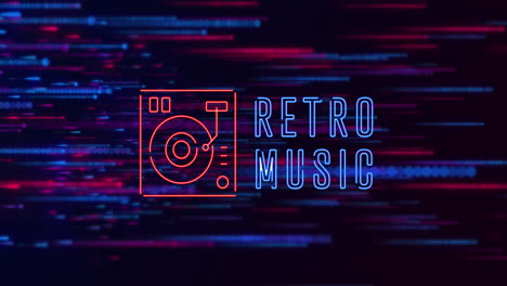 animation of retro music text with music mixer over abstract pattern against black background