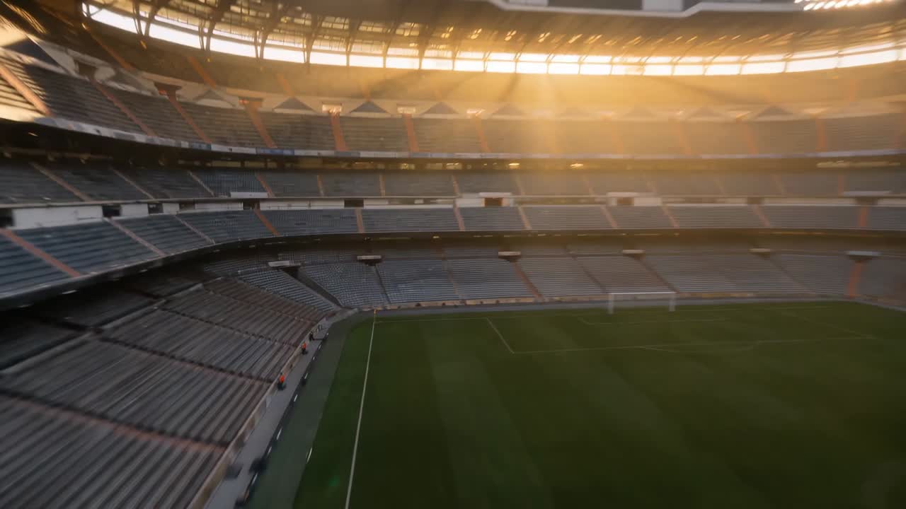 Eine startende Drohne fliegt durch einen Tunnel über das Stadion zum Spielfeld, fängt Sonnenlicht ein, mit Personal in orangefarbenen Westen.