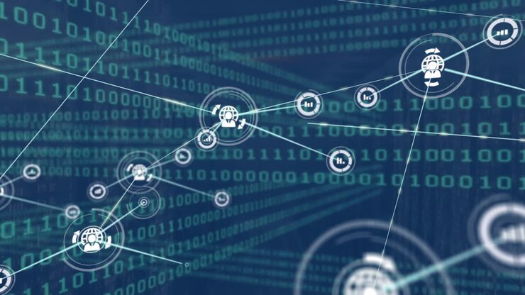 Animation of network of connections, binary coding over computer servers