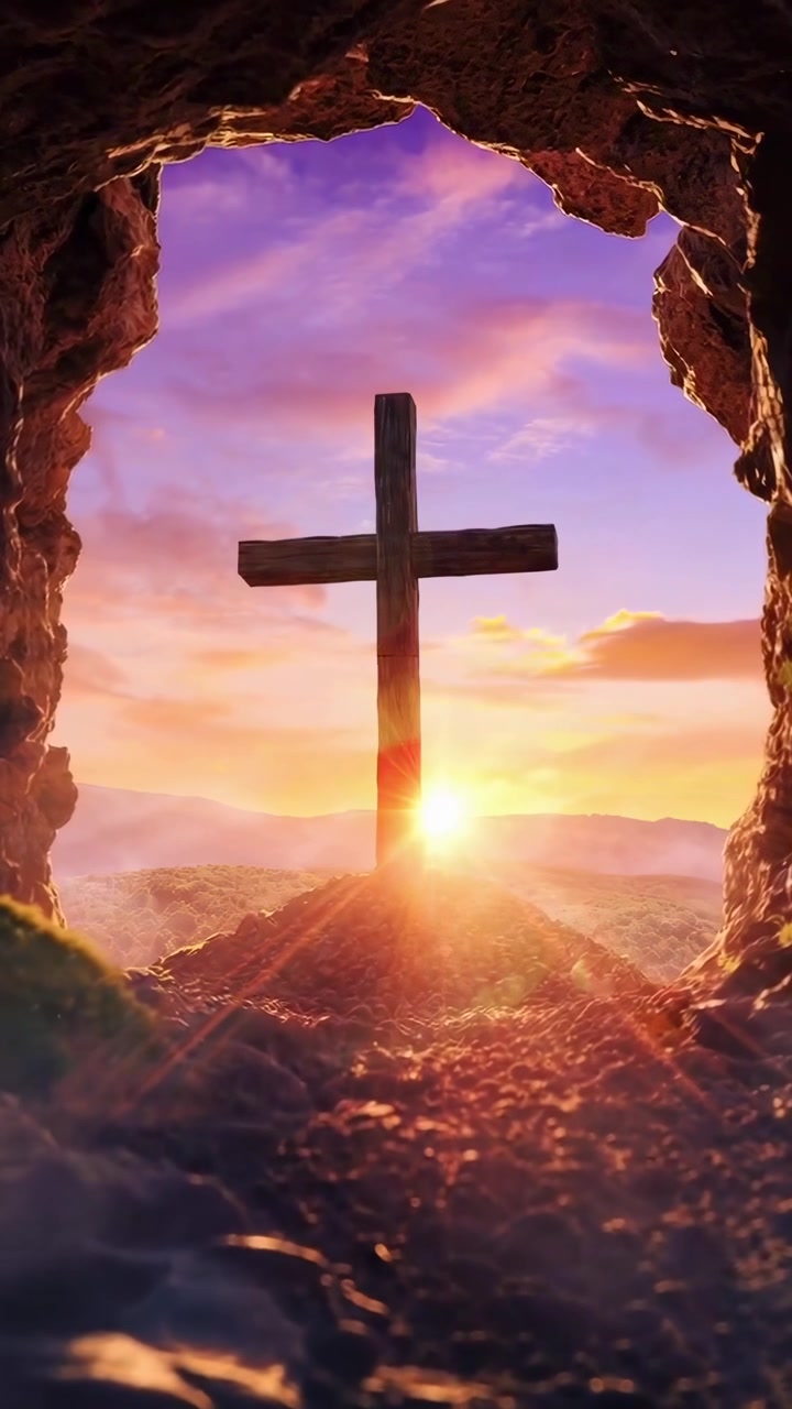 Empty Tomb with Cross at Sunrise Symbolizing Easter Resurrection