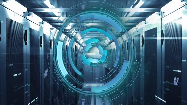 Animation of numbers, round scanner and hexagonal shapes against computer server room