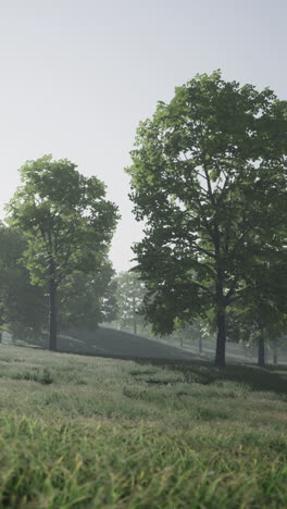 a peaceful forest scene with trees, grass, and fog