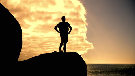 silhouette of a man standing on a rock at sunset