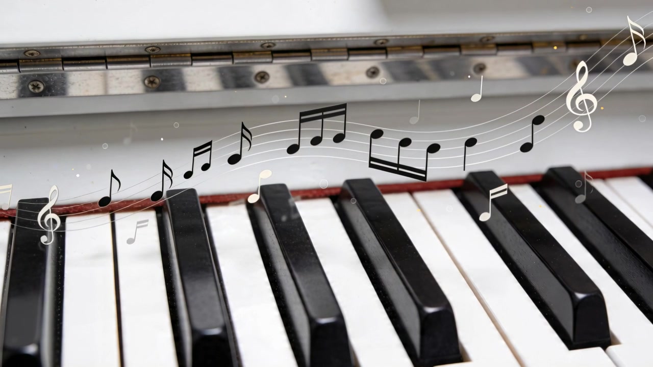 Glidende element bevæger sig fra venstre hen over et klaverklaviatur i et studie, visualiserende musik med gnister.