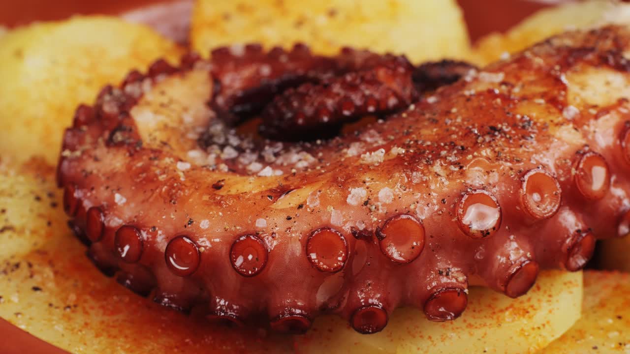 Octopus cooking, chef grill fresh octopus galician style on restaurant kitchen, healthy food, seafood cafe in spain, traditional asian japanese spanish and mediterranean dish.