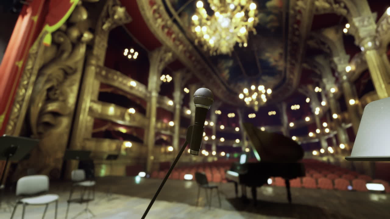Richly decorated theater interior featuring a microphone and piano