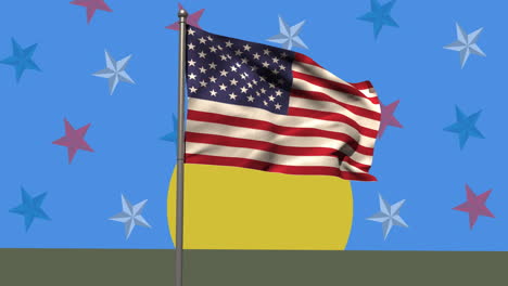waving american flag over yellow round banner against multiple colorful stars on blue background