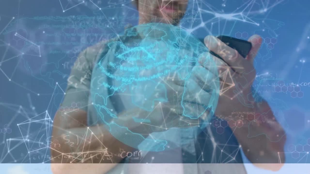 animación de la red de conexiones con el globo sobre el hombre caucásico usando teléfono inteligente