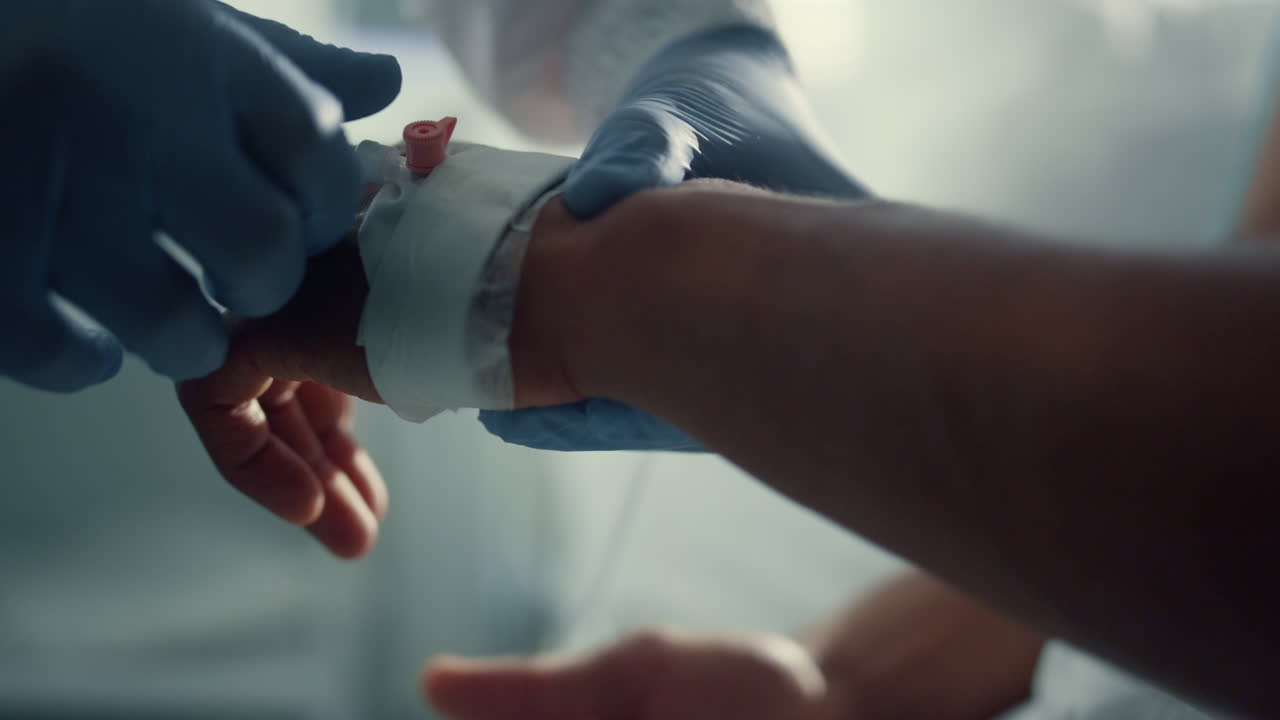 Patient hand with iv catheter closeup. Medical worker preparing drip equipment.