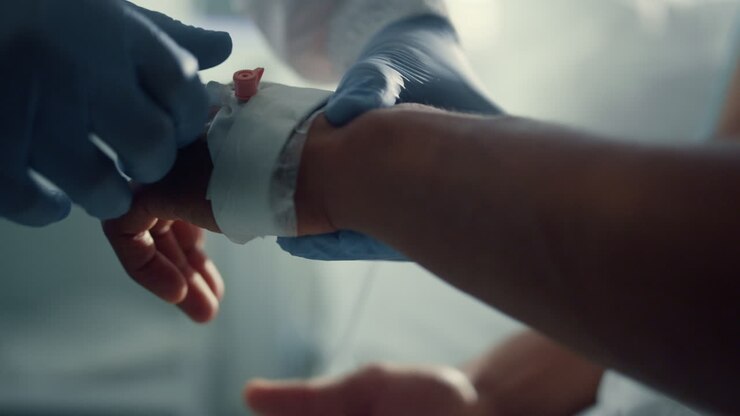 Patient hand with iv catheter closeup. Medical worker preparing drip equipment.