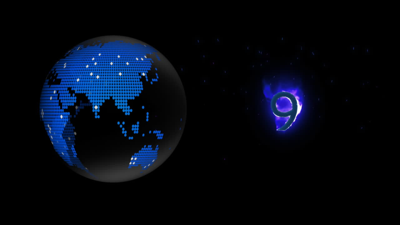 Digital animation of nine number icon on fire and globe icon spinning against black background