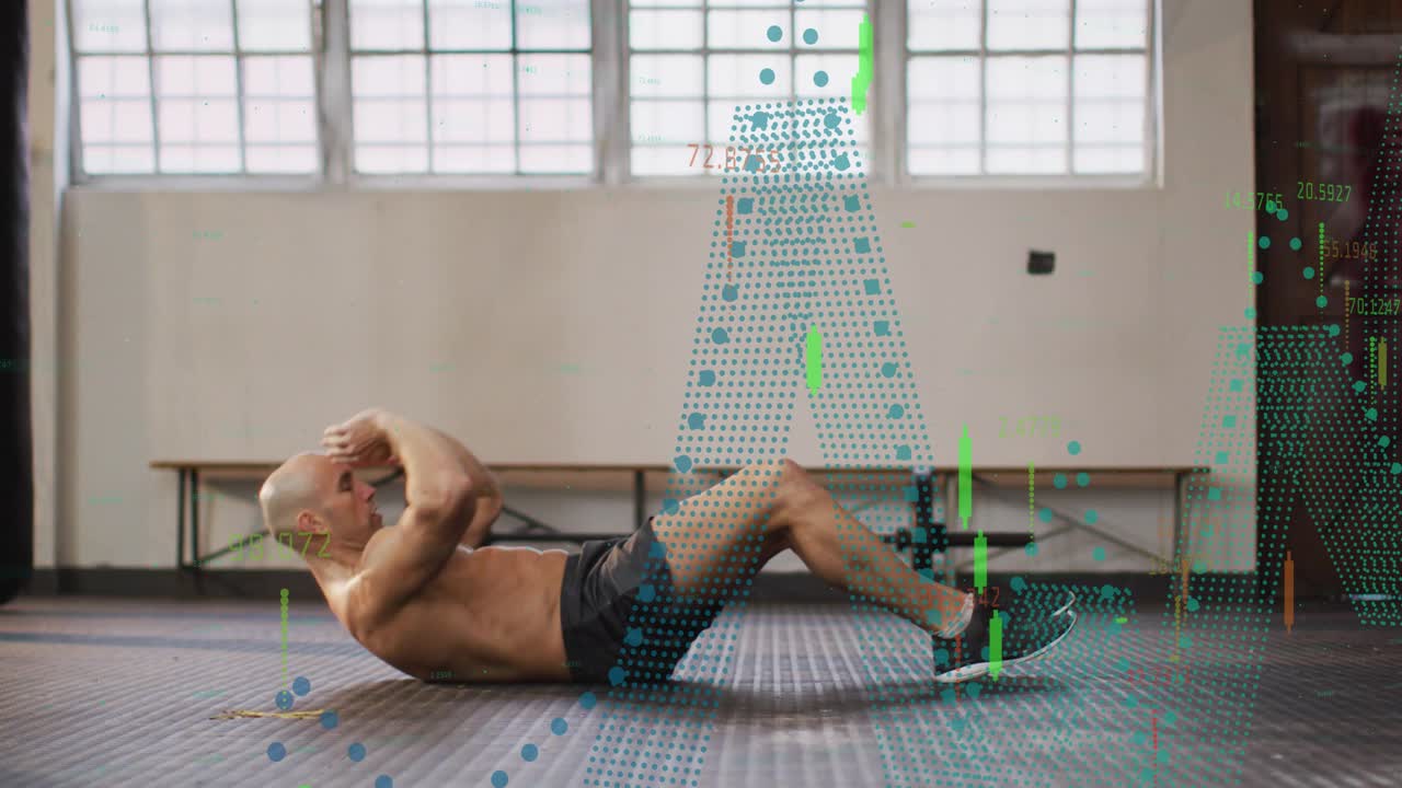 Man crunching in gym, contracting abs, lifting torso, animated overlays tracking reps for training