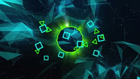 animazione di una rete di connessioni su forme e cerchi su sfondo nero.