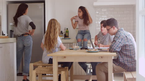 amigos adolescentes, estudiando y hablando en la cocina, filmado en r3d