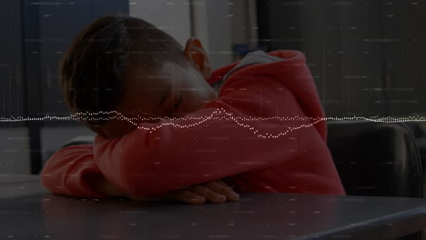 animation of data processing over biracial schoolboy sleeping in classroom