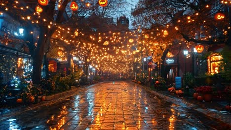 halloween street with pumpkin decorations and lights