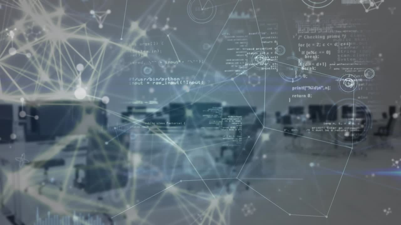 Animation of data processing, network of connections and molecular structures over empty office